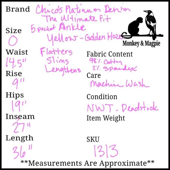 Chicos Sz 0 Womens 4 XS Platinum Denim Jeans Ultimate Fit Ankle Yellow Flaw - Picture 15 of 15